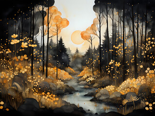 night landscape with moon, gold magical forest