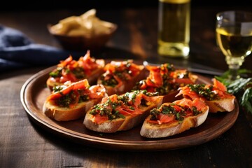 slices of bruschetta with smoked salmon on an oval plate