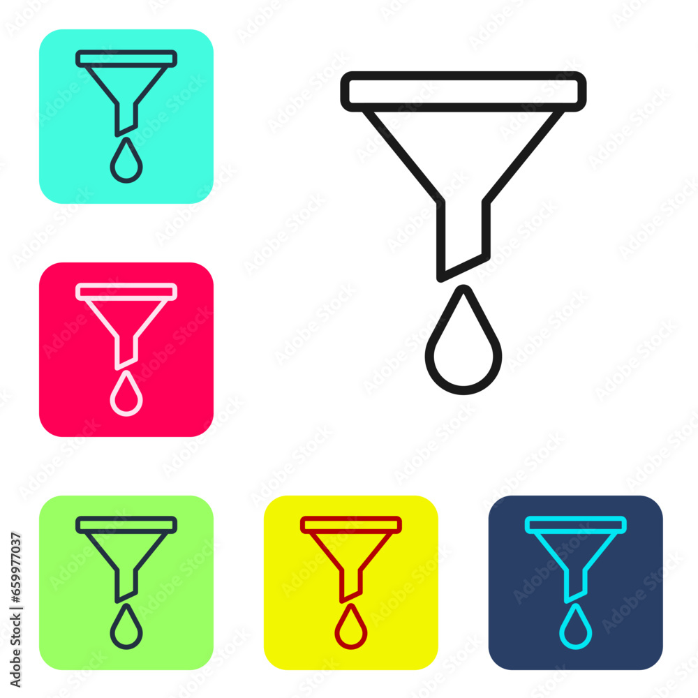 Poster black line funnel or filter icon isolated on white background. set icons in color square buttons. ve
