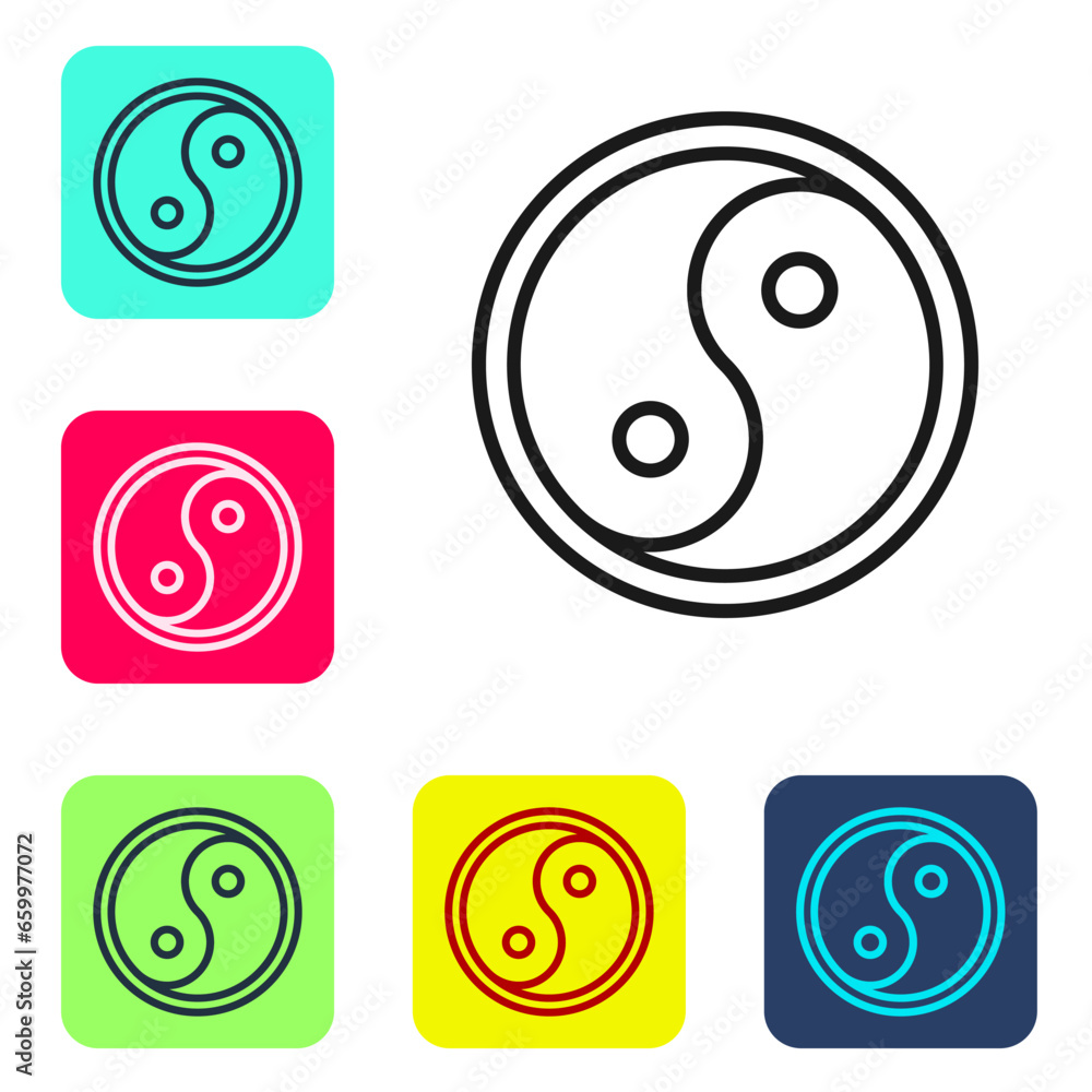 Poster black line yin yang symbol of harmony and balance icon isolated on white background. set icons in co