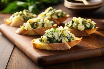 elegant spinach and artichoke bruschetta laid on a wooden bread board