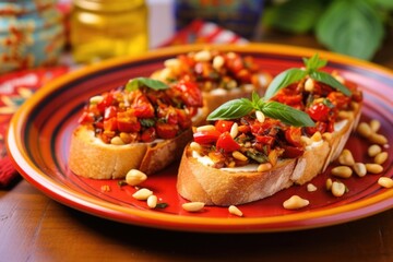 sun-dried tomato bruschetta sprinkled with pine nuts on a colorful dish