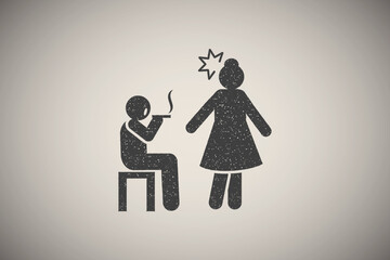 Smoking, man, liver, aggressive, women icon vector illustration in stamp style