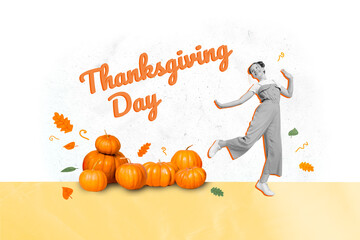 Picture collage postcard of cheerful positive girl celebrating thanksgiving day isolated on drawing...