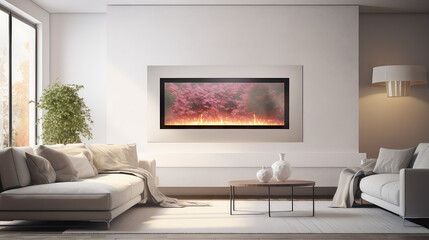 Modern electric infrared heater in Scandinavian style living room interior. Electric infrared heater for cold season, home appliances. - obrazy, fototapety, plakaty