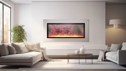 Fotobehang Modern electric infrared heater in Scandinavian style living room interior. Electric infrared heater for cold season, home appliances. © IndigoElf