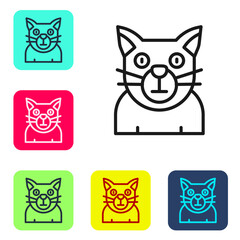 Black line Cat icon isolated on white background. Animal symbol. Happy Halloween party. Set icons in color square buttons. Vector
