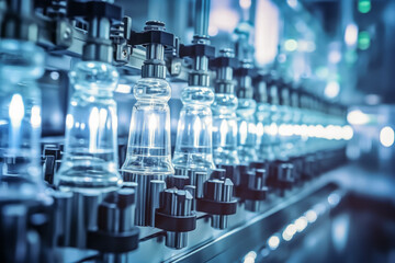 Close up of medical ampoule production line in background of modern pharmaceutical factory. industrial concept of technology and research. - obrazy, fototapety, plakaty