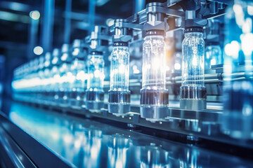 Close up of medical ampoule production line in background of modern pharmaceutical factory. industrial concept of technology and research. - obrazy, fototapety, plakaty