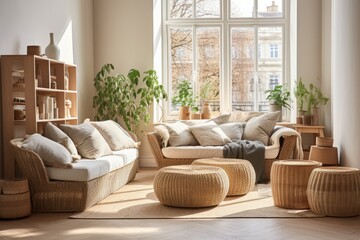 Fototapeta na wymiar Elegant modern living room with white sofa and wooden table, decorated with stylish wicker baskets and green plants, creating a cozy and relaxing atmosphere.