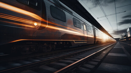 powerful locomotive speeding along the railway tracks near a bustling train, dark cinematic light effect, dramatic sky  - obrazy, fototapety, plakaty