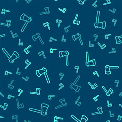 Green line Wooden axe icon isolated seamless pattern on blue background. Lumberjack axe. Vector