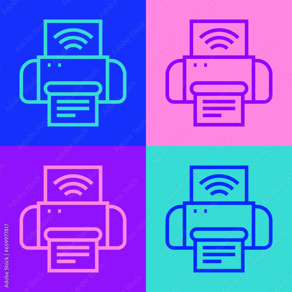 Poster pop art line smart printer system icon isolated on color background. internet of things concept with