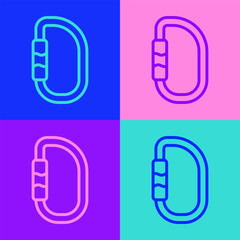 Pop art line Carabiner icon isolated on color background. Extreme sport. Sport equipment. Vector