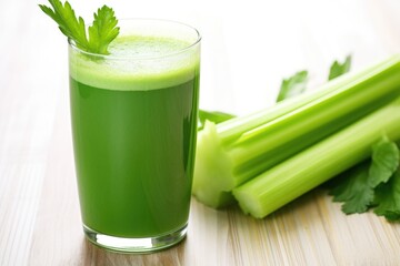 close-up of a fresh celery stalk beside a glass of celery juice