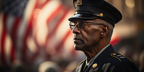 Side view portrait of senior veteran soldier in cap and uniform standing in front of an American flag outdoors