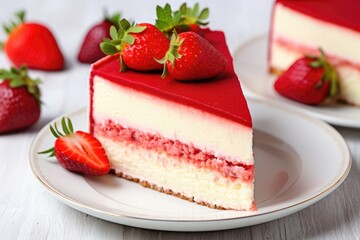 overhead image of a classic cheesecake slice with a strawberry on top