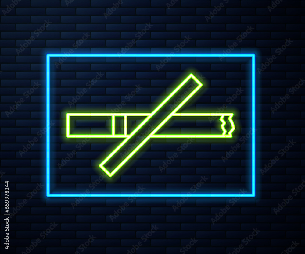 Poster glowing neon line no smoking icon isolated on brick wall background. cigarette smoking prohibited si