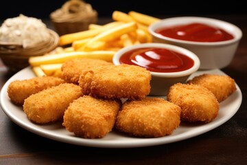 nuggets surrounded by fries on a plate