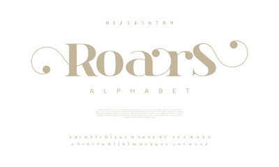 Roars premium luxury elegant alphabet letters and numbers. Elegant wedding typography classic serif font decorative vintage retro. Creative vector illustration