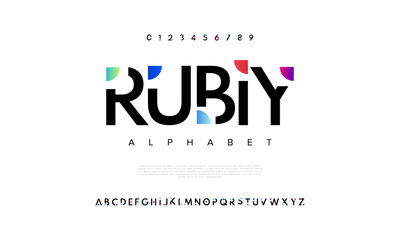 Rubiy creative modern urban alphabet font. Digital abstract moslem, futuristic, fashion, sport, minimal technology typography. Simple numeric vector illustration