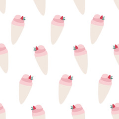 strawberry ice cream on a light background, waffle cones with pink balls of strawberry ice cream, seamless pattern with ice cream and berries