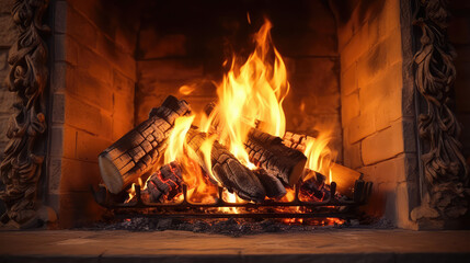 Сlose-up of a burning home fireplace. Global economic fuel crisis. Burning flame inside the fireplace.