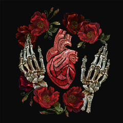 Gothic love concept. Embroidery. Romantic floral dark medieaval background. Template for clothes, textiles, t-shirt design. Skeleton hands, anatomical heart and wild red roses