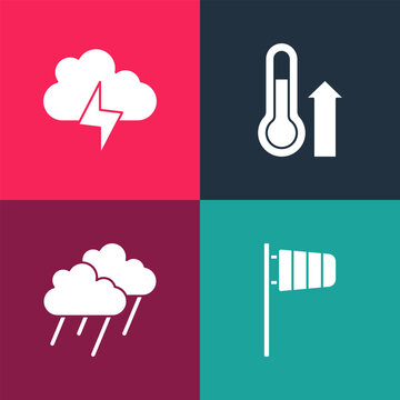 Set pop art Cone windsock wind vane, Cloud with rain, Meteorology thermometer and Storm icon. Vector