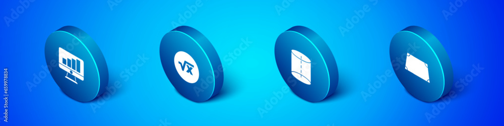 Aufkleber set isometric computer monitor with graph chart, geometric figure, acute trapezoid shape and square 