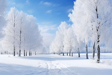 Obraz premium A Winter Landscape Covered in Thick White Snow, with Trees and Blue Sky