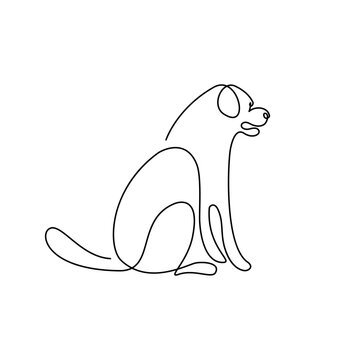 Sitting dog in continuous line art drawing style. Abstract dog in a sitting position black linear sketch isolated on white background. Vector illustration