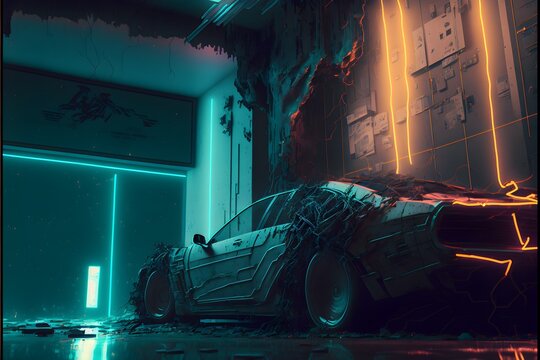 Electroluminescence cyberpunk dark street neon advertise Electroluminescence Drifting cyber car hyperdetailed broken droids hanging from the balcony with detailed cables and broken pieces Sharpened 
