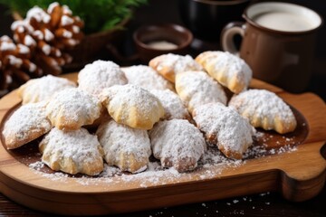 Fototapeta na wymiar almond crescent cookies dusted with icing sugar on a wooden tray