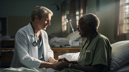 Obraz premium Mature male doctor examining patient using stethoscope and medical equipment in hospital room on bed. Experienced clinician clarifies diagnosis and treatment methods. Professional care for the health.