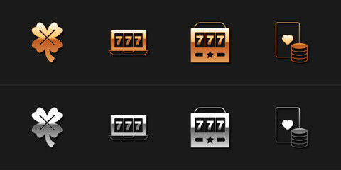 Set Casino slot machine with clover, Online jackpot, Slot and chip and playing cards icon. Vector