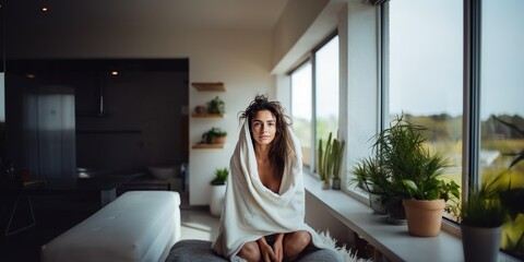 Beautiful woman at home wrapped in a terry towel with wet hair, concept of Relaxation - obrazy, fototapety, plakaty