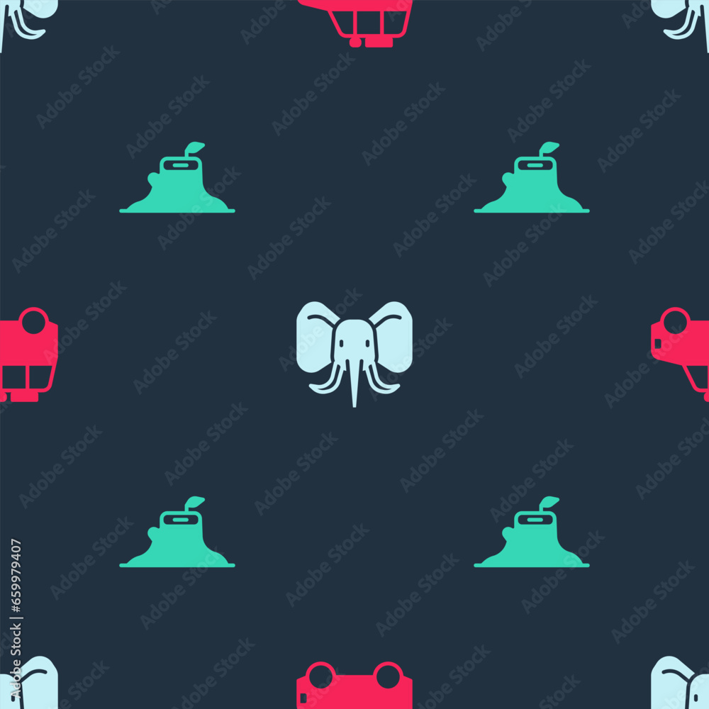 Poster set car, elephant and tree stump on seamless pattern. vector