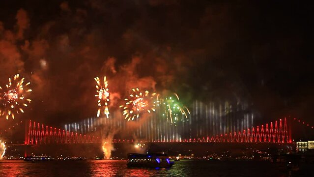 Istanbul celebrates to Anniversary of Republic with a great show from 16 different points. Fireworks show started on the Bosporus Bridge with a 42 firing system and 800 meter wide firefall. Celebratio