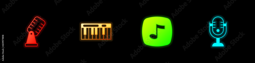 Poster set microphone, music synthesizer, note, tone and icon. vector