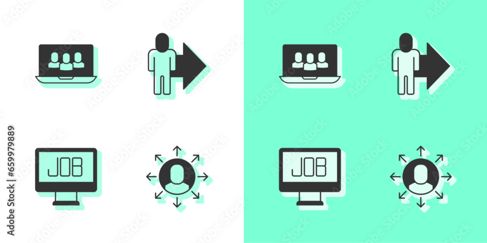 Poster set multitasking manager working, project team base, search job and leader of of executives icon. ve