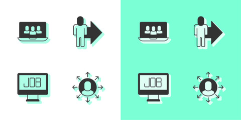 Set Multitasking manager working, Project team base, Search job and Leader of of executives icon. Vector