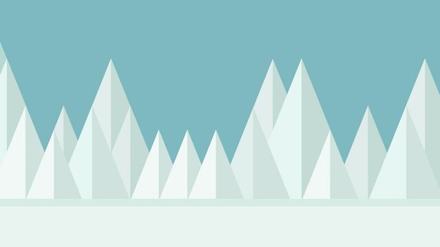 Snowy landscape. Mountains in winter in geometric shape. Lateral scrolling. Animated illustration in seamless loop
