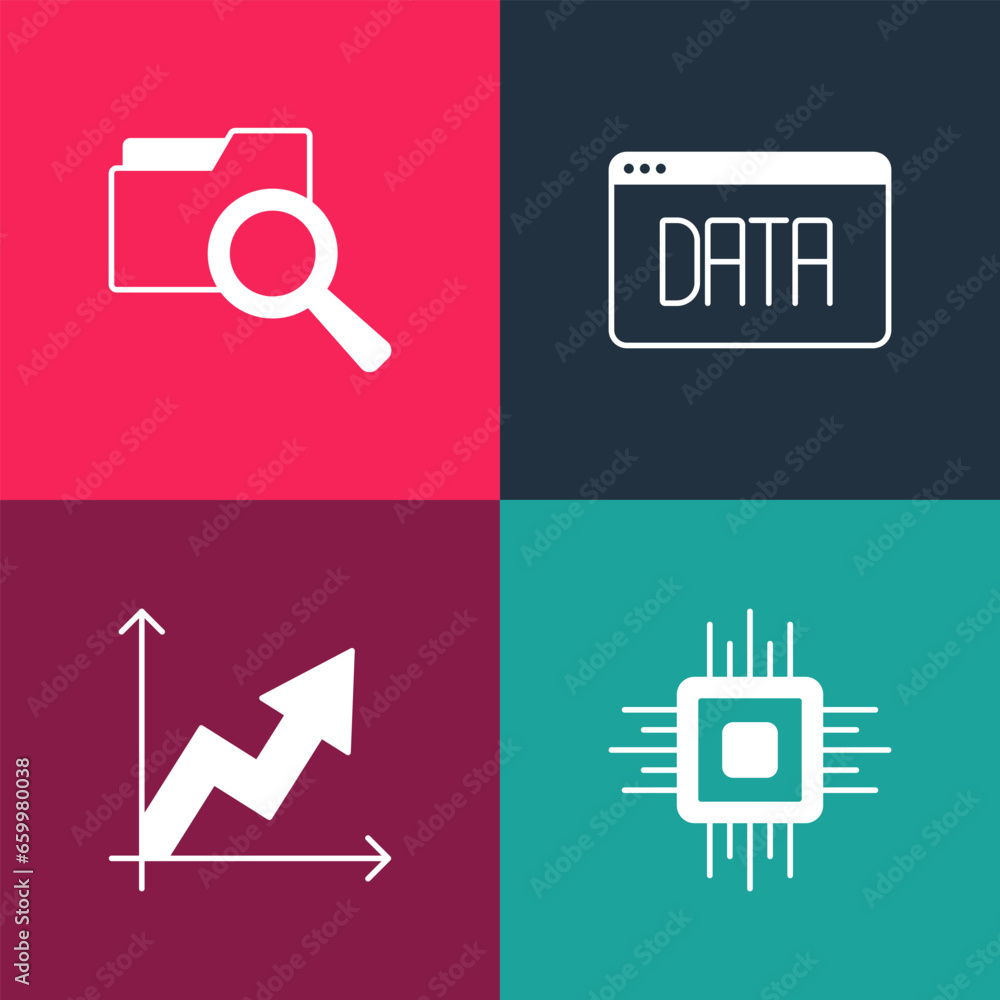 Poster set pop art processor cpu, financial growth, data analysis and search with folder icon. vector