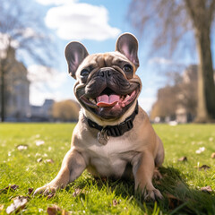 Fototapeta premium French bulldog at the park on a sunny day with tongue out