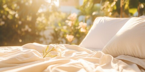 Bed linen on the bed in the morning sun , concept of Warm and cozy - obrazy, fototapety, plakaty