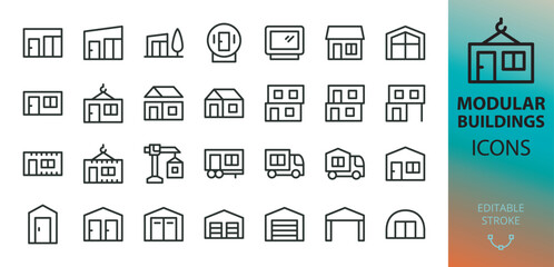 Prefab modular buildings isolated icons set. Set of prefabricated shipping container homes, glamping house, modular construction, barn house, office, garage, toilet, shed vector icon