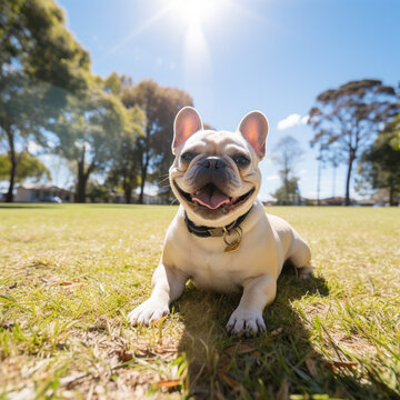 French bulldog at the park on a sunny day with tongue out