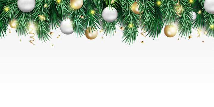 Realistic horizontal Christmas banner on a white background with fir branches and Christmas decorations. Vector illustration.