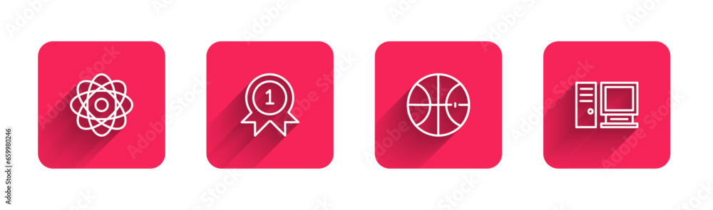 Poster Set line Atom, Medal, Basketball ball and Computer monitor with long shadow. Red square button. Vector